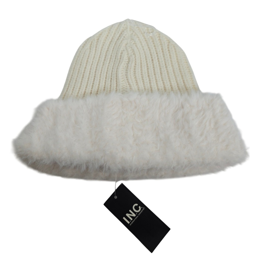 INC International Concepts Ivory Ribbed Knit Faux Fur Trim Beanie